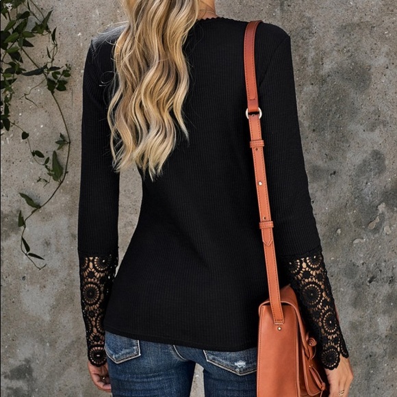 Black Crochet Plus Sized Lace Hem Sleeve Button Rib Knit Henley Top - 2X - Picture 3 of 12